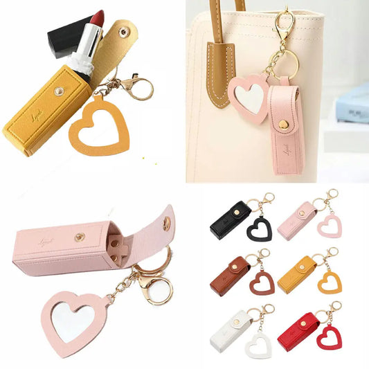 Leather Lipstick Keychain Protective Cover With Mirror