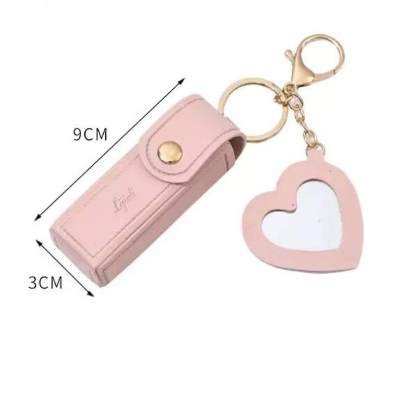 Leather Lipstick Keychain Protective Cover With Mirror