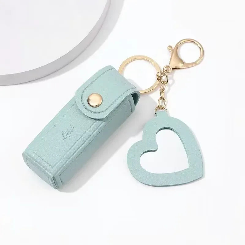 Leather Lipstick Keychain Protective Cover With Mirror