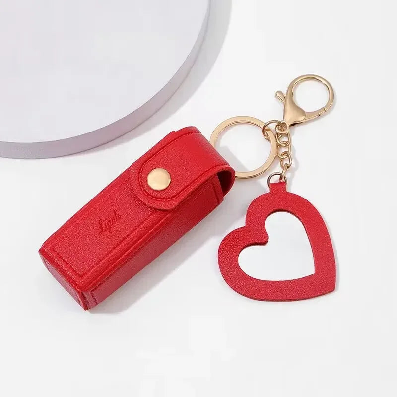Leather Lipstick Keychain Protective Cover With Mirror