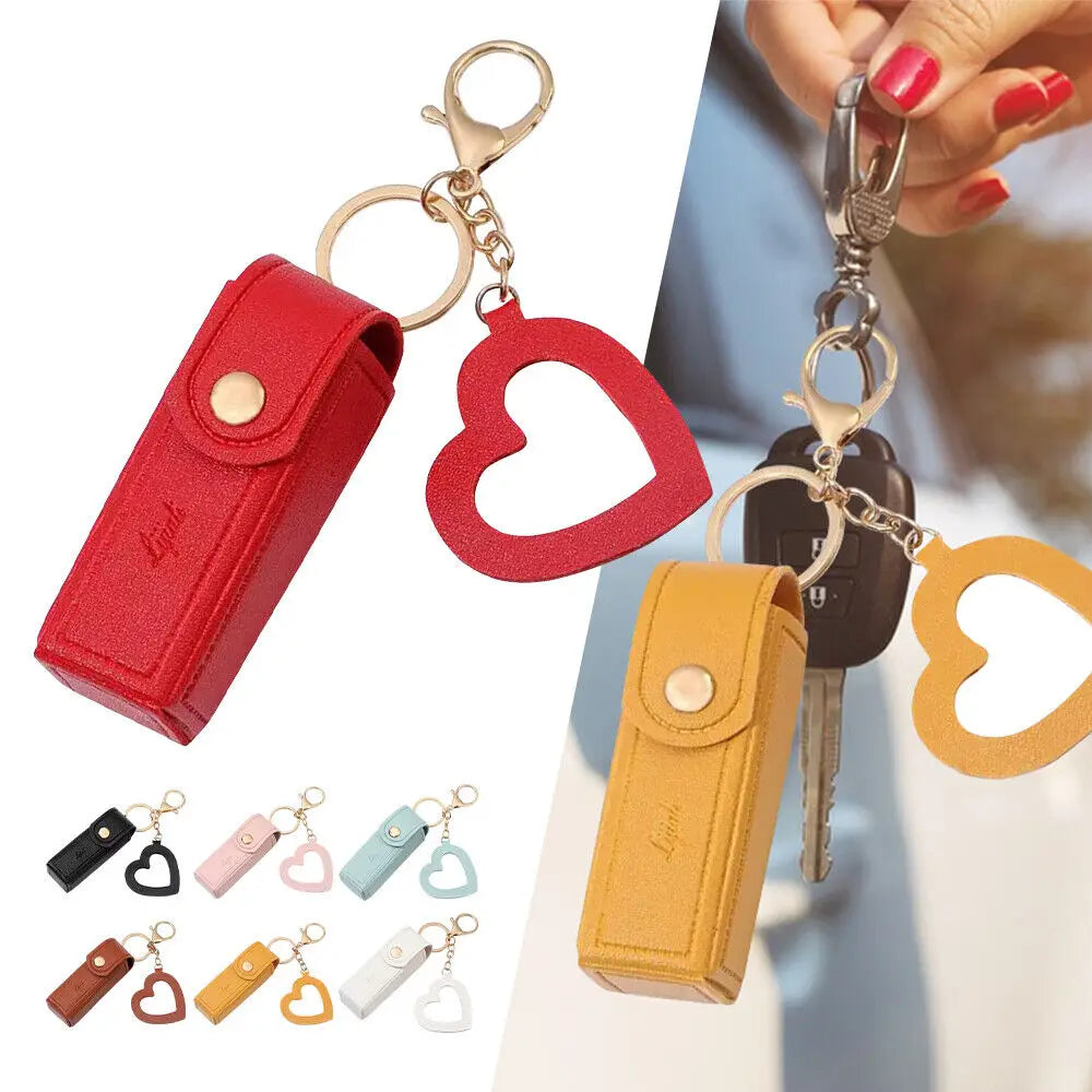 Leather Lipstick Keychain Protective Cover With Mirror