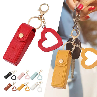 Leather Lipstick Keychain Protective Cover With Mirror