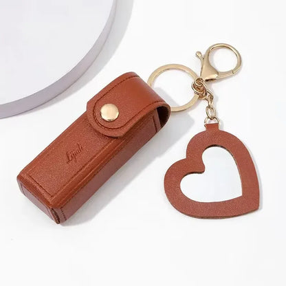Leather Lipstick Keychain Protective Cover With Mirror