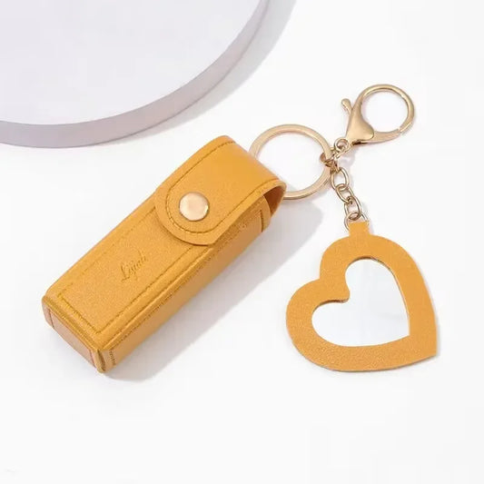 Leather Lipstick Keychain Protective Cover With Mirror